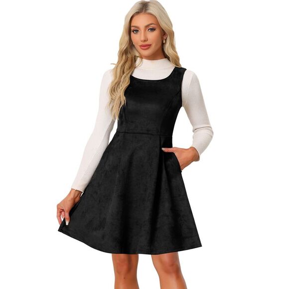 Faux Suede Sleeveless A-Line Vintage Pinafore Overall Dress Black - Picture 1 of 6